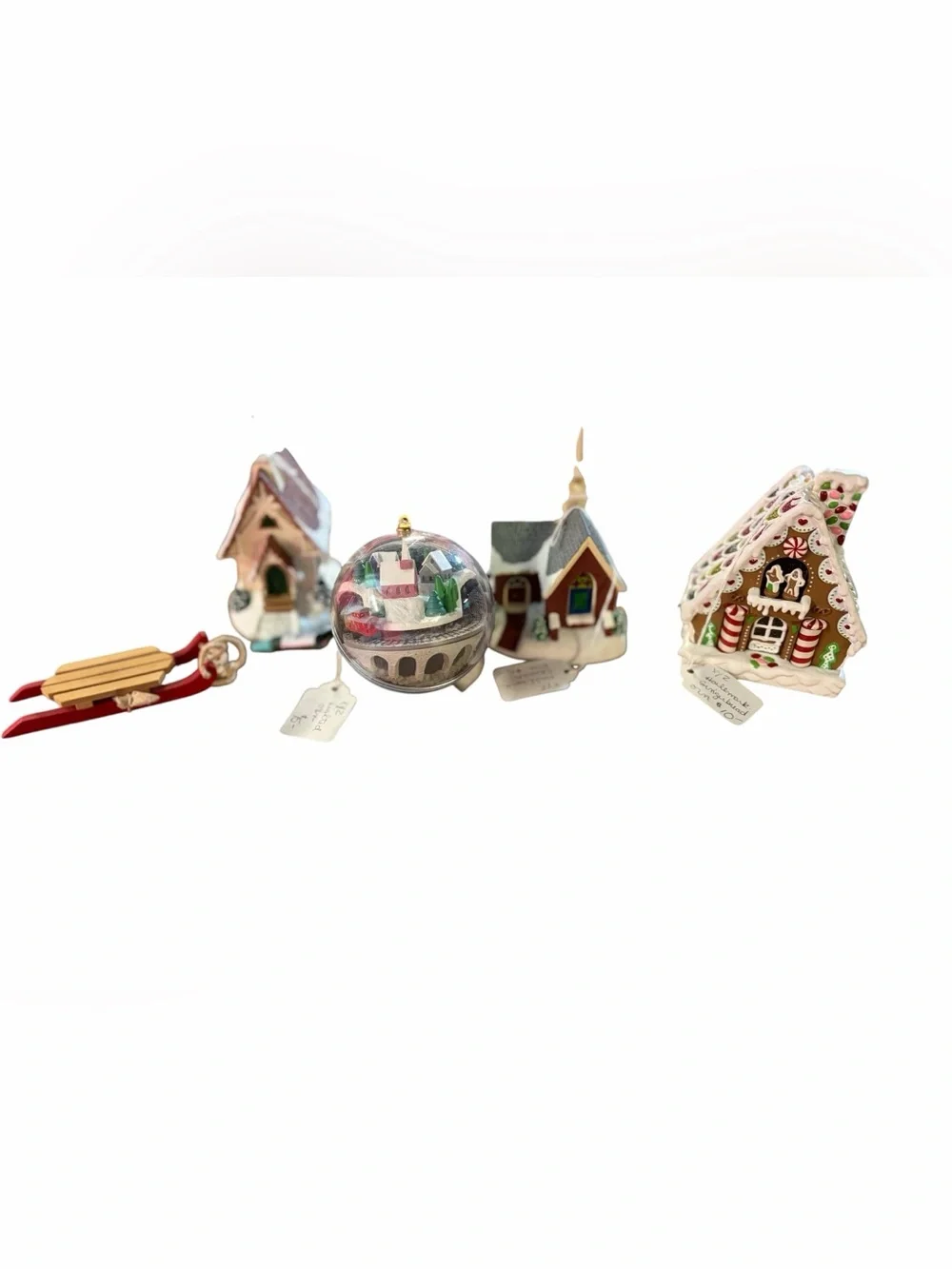 Christmas Village Ornament Lot Snow Globe Gingerbread House Church Cabin